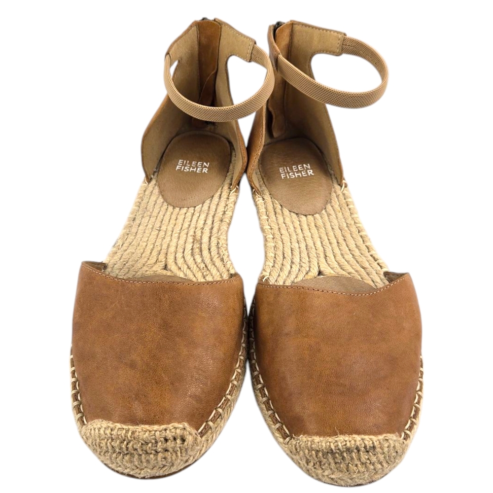 Eileen Fisher Lala Espadrille Flat Sandals Size 10 Brown Leather Ankle Strap